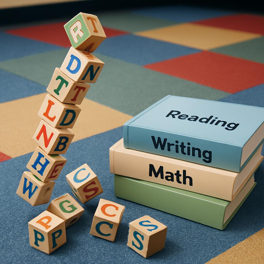A horizontal stack of books with English and math topics, and a vertical stack of wood alphabet blocks.