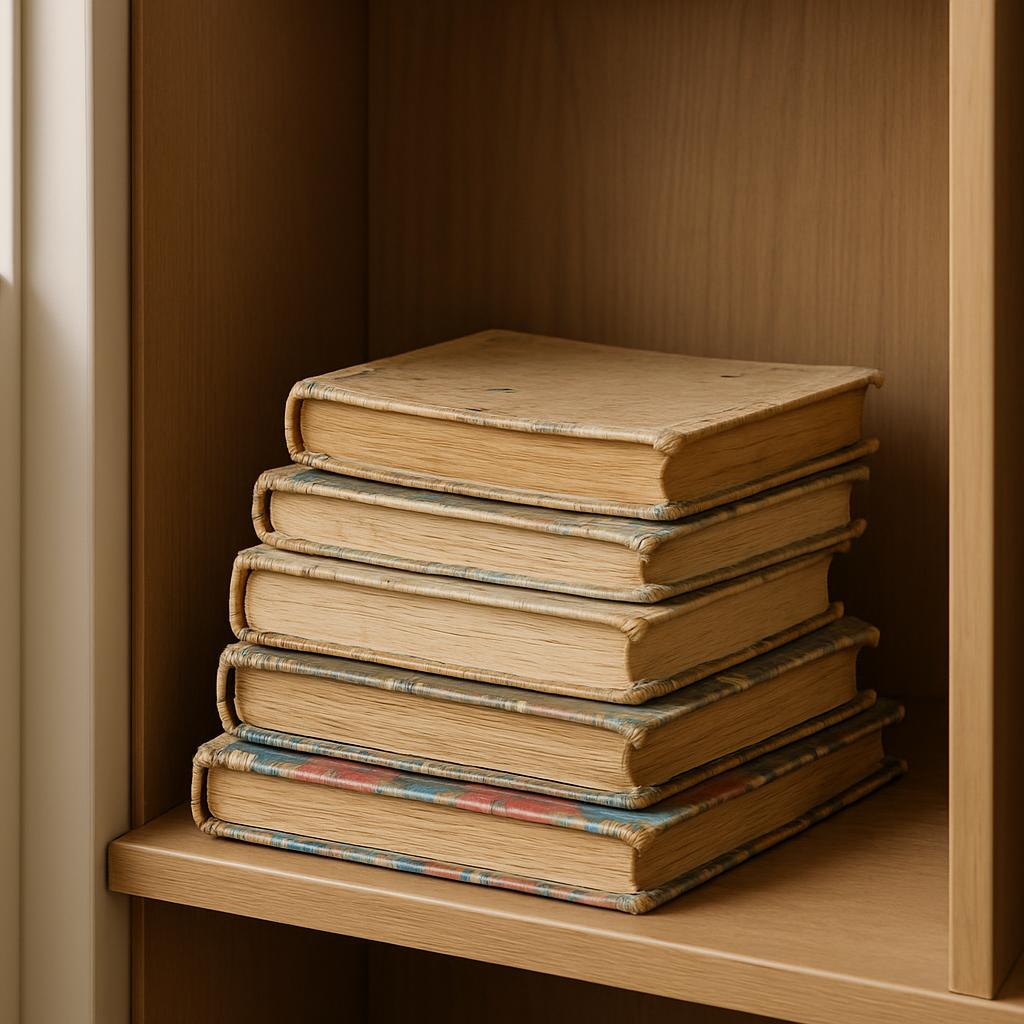 A stack of vintage golden-hued binders with flecked mortar and either wicker borders or wicker front clasps sits beside a ...