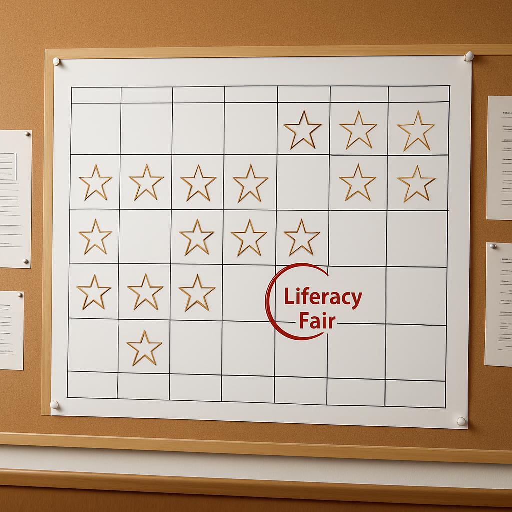 A poster board with a blank grid and gold stars, featuring the words "Liferacy Fair" in red.