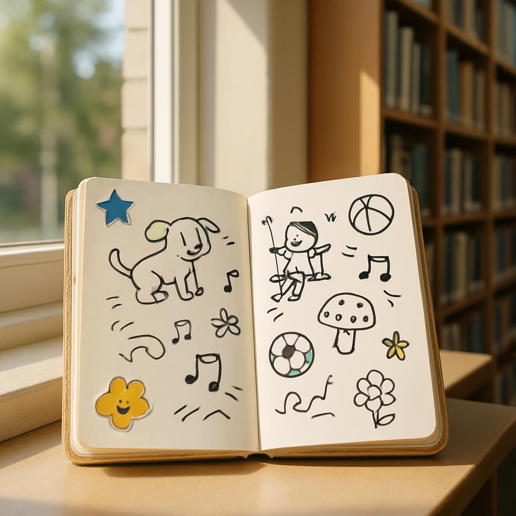 A sketchbook with a yellow dog and child's artwork, featuring items like a ball, a flower, and music notes.