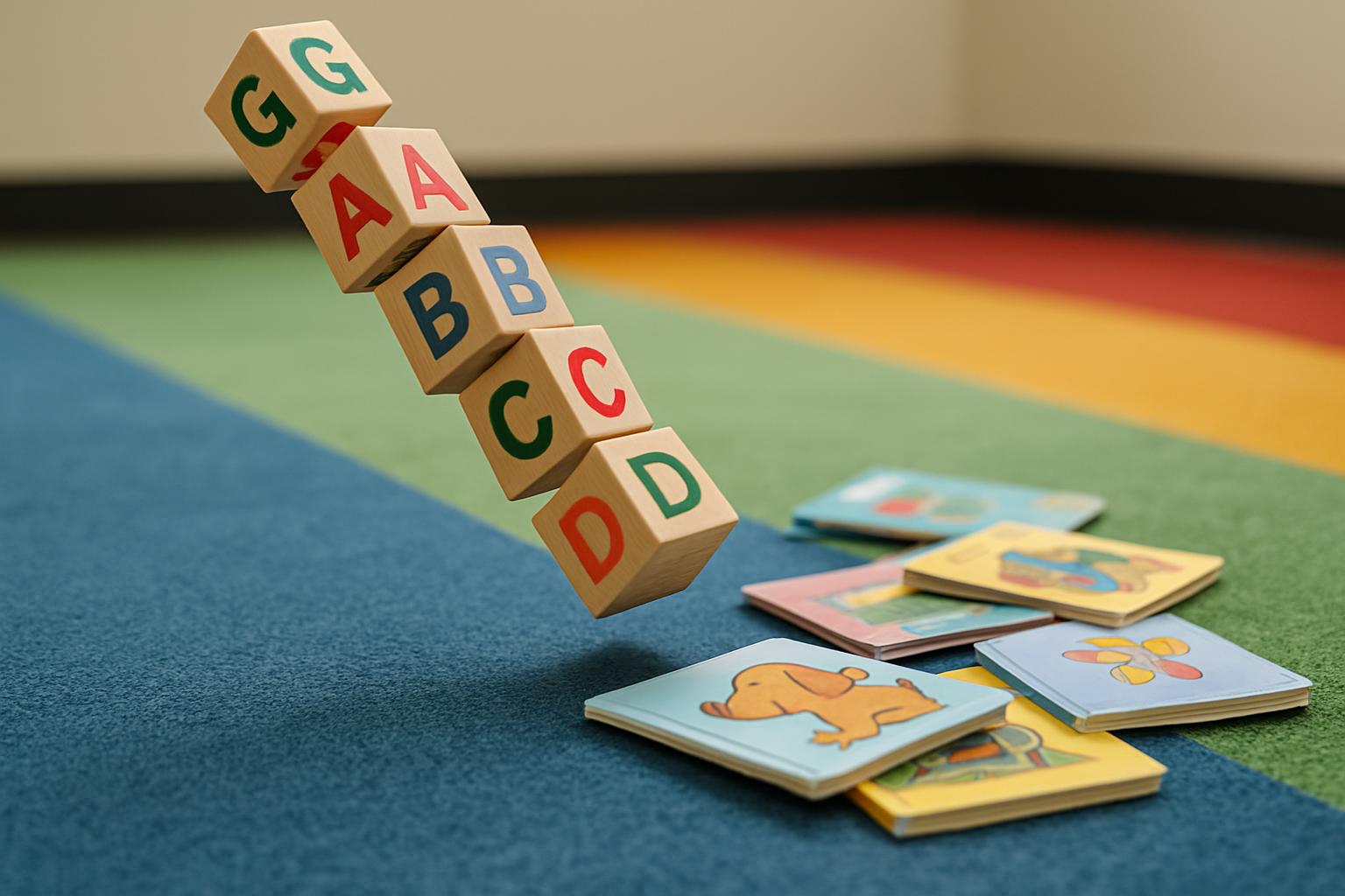 The images shows a photograph of six wooden letter blocks standing vertically, on a blue floor in an educational setting. ...