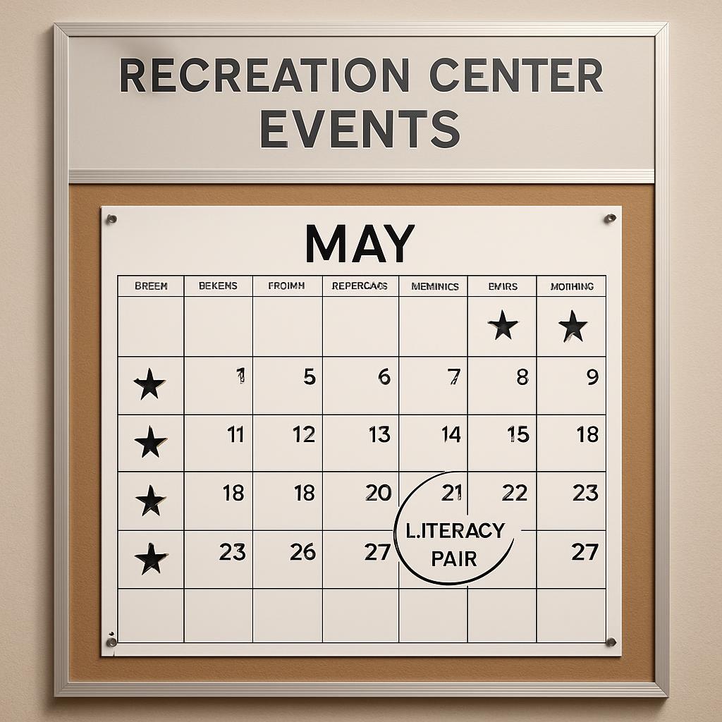 The event calendar is displayed on a bulletin board with the title "Recreation Center Events". In the center of the calend...