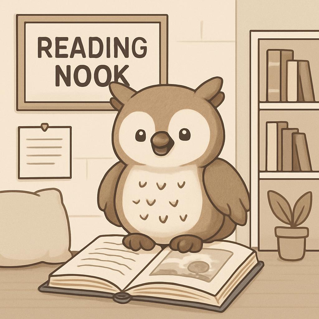 An owl reading a book with a bookshelf in the background and a reading nook sign.