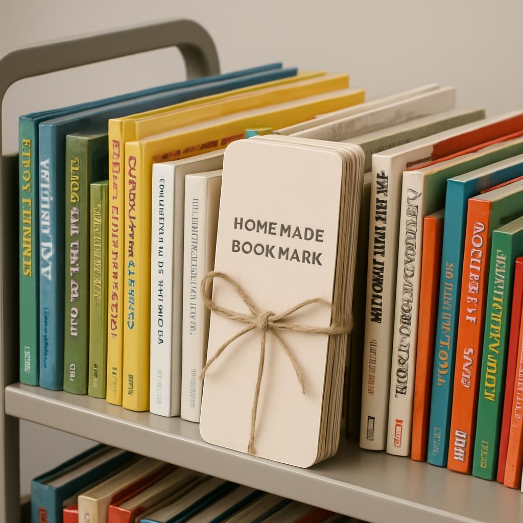 A shelf of colorful books with a stack of homemade bookmarks in between the books.