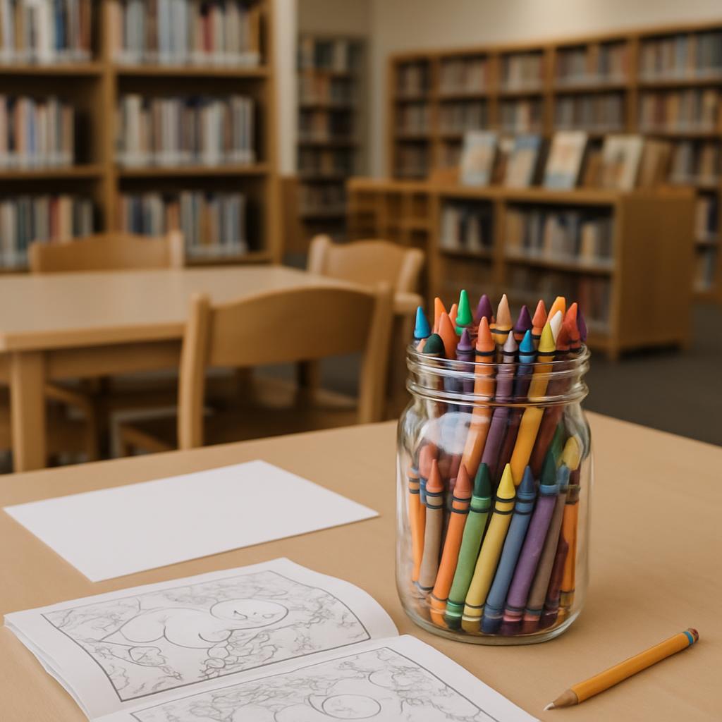 Empty open coloring book, pastel crayons in a mason jar, and a colored pencil on a library table in front of story bookshe...