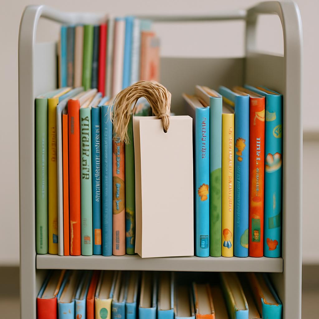 A beige book cart with a light grey frame, holding vertically stacked texts of various genders and colors.