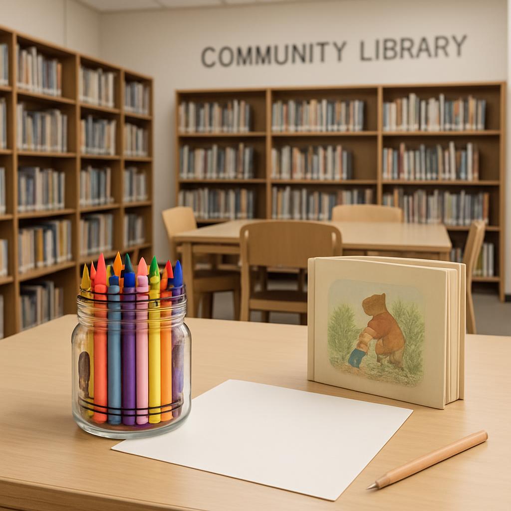 A medium-sized community library with light-wood shelving is visible in the background. The foreground features a semi-tra...